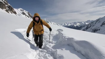 En person i vinterklær, går gjennom en dyp snøleire i et fjellandskap.