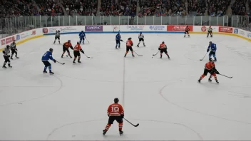 En hockeymatch med to lag som spiller på en isbane