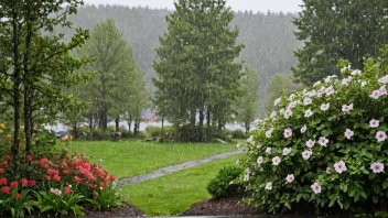 Regn som faller på en blomstrende hage i Norge om våren.