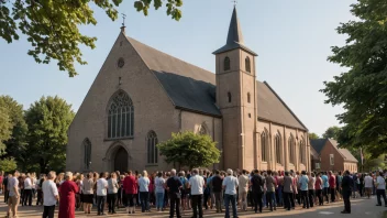 Et foto av en kirke eller et samfunnshus med mennesker samlet utenfor, som representerer en menighetsinstitusjon.