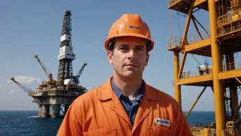 En boringsoperatør i en lys orange jumpsuit og hard hat, stående foran en stor boremaskin på en oljeplattform.