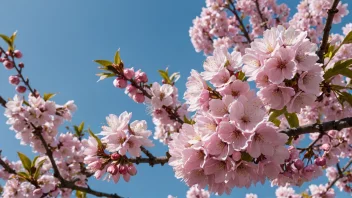 Et vakkert kirsbærtre i full blomst med rosa blomster og en klar blå himmel i bakgrunnen