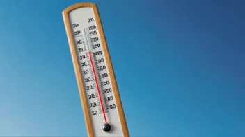 Et termometer som viser en temperatur på 20 grader Celsius, med en blå bakgrunn og noen vitenskapelige instrumenter i forgrunnen.