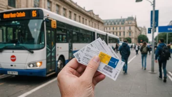 En person som holder en billett, med en buss eller tog i bakgrunnen