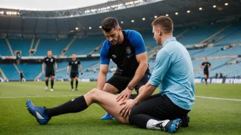 En fotballfysioterapeut som hjelper en spiller med en skade.