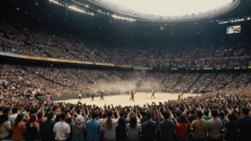 En fullsatt arena med mennesker som kaster objekter i luften, med en følelse av spenning og glede.