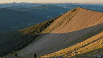 Et majestetisk barfjell med et kupert terreng og noen turgåere på vei mot toppen.