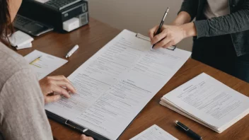 En person som sitter ved et skrivebord med papirer og mapper, og organiserer dokumenter i kategorier.