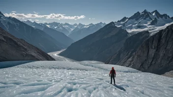 En glacierklatrer i aksjon, med en storslagen utsikt over de omkringliggende fjellene.