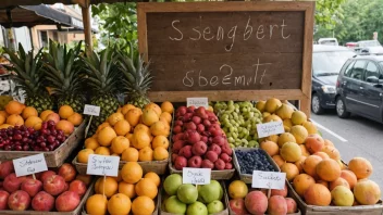 En fruktstand med sesongfrukter, med en skilt som sier 'Sesongbestemt' på norsk.