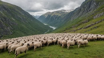 En person i tradisjonell norsk klesdrakt som gjeter sau i fjellet