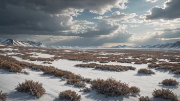 Et tundralandskap med lav vegetasjon, snø og is, under en kald og skyet himmel.