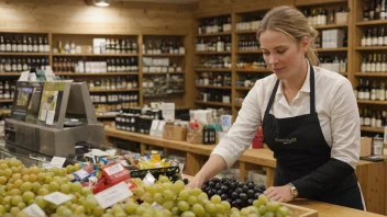 En person i Vinmonopolet-uniform står bak disken, omgitt av flasker med vin og brennevin