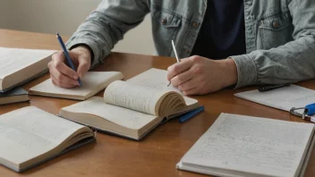 En person som studerer til en eksamen med bøker og notater på et skrivebord