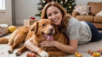 En glad person som klemmer en Norsk Tolling Retriever hund, omgitt av hundetilbehør.