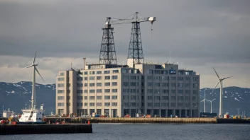 Oljedirektoratets bygning med en blanding av moderne og tradisjonell arkitektur, som symboliserer balansen mellom olje og fornybar energi.