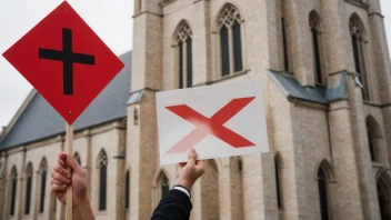 En person som holder et skilt med en rød X over en kirke, som symboliserer skillet mellom kirke og stat.