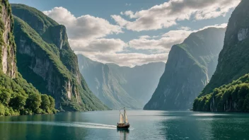 Et åndeløst fjordlandskap med en båt som seiler i de rolige vannene.