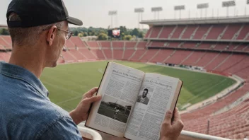 En person leser en bok om idrettshistorie, med et stadion eller idrettsbane i bakgrunnen.