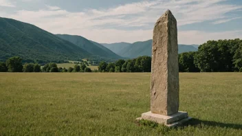 En stor stein som står oppreist i en åker med et naturskjønt fjellandskap i bakgrunnen