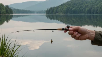 En person som holder et lite fiskestang med en liten fisk på kroken, med en innsjø eller elv i bakgrunnen.