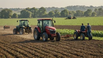 En gruppe bønder som arbeider sammen i en åker, med en traktor og annet landbruksutstyr i bakgrunnen.