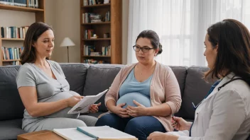 En gravid kvinne som får nyttige råd og veiledning fra en jordmor eller lege.