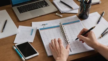 En person som sitter ved et skrivebord og ser på en kalender eller planlegger, med papirer og penner spredt rundt.