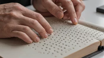 En person med synshemming som bruker et Blindskriftsystem til å lese en bok.