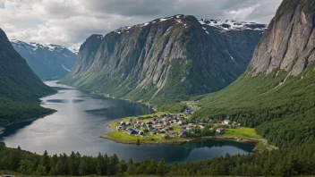 En pittoresk fjernkommune i Norge, med en liten landsby omgitt av fjell og skog.