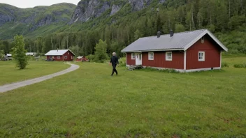 En person i en rød jakke går nordenom et tradisjonelt norsk trehus, med et fjellområde i bakgrunnen.