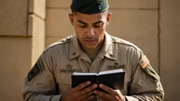 En soldat i uniform sitter ved et skrivebord og leser en bok med alvorlig uttrykk.