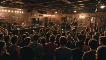 En illustrasjon av en person som spiller gitar på en liten musikkscene, som representerer sjangeren indierock.