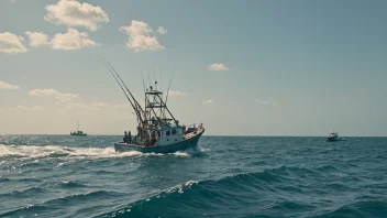 En fiskeribåt som seiler gjennom bølgene med måker flyvende over hodet.