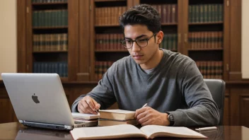 En jusstudent som studerer med en stabel jus-bøker og en laptop