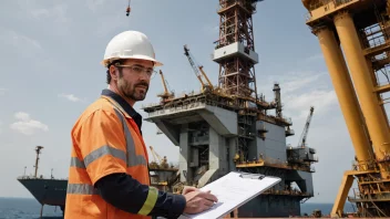 En oljebrønnleder står foran en oljeplattform, symboliserer den viktige rollen i oljeindustrien.