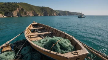 En fiskebåt midt i en fiskeoperasjon, med nett og fiskeutstyr i forgrunnen og et naturskjønt kystlandskap i bakgrunnen.