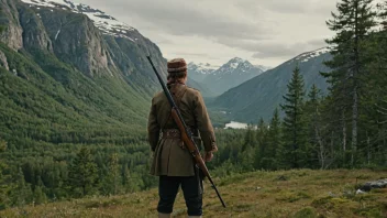 En person i tradisjonell norsk klesdrakt, holder en rifle og står i en skog.