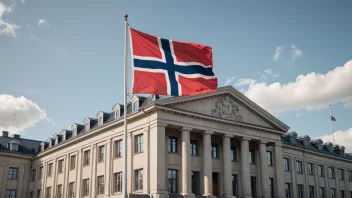 Et bilde av en regjeringsbygning i Norge med et flagg som vifter i vinden.