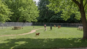 En hundepark med glade hunder som leker sammen.