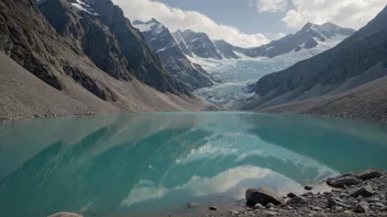 En malerisk innsjø med en isbre i bakgrunnen, omgitt av fjell og frodig vegetasjon