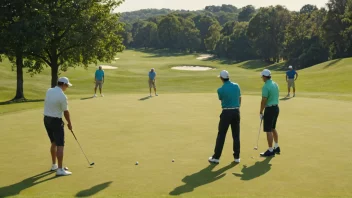 En gruppe mennesker som spiller golf på en solfylt dag, med et vakkert grønt landskap i bakgrunnen.