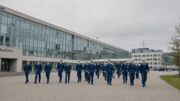 En navigatørskolebygning med elever i uniform.