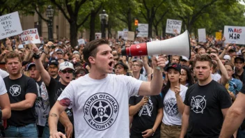 En høyreaktivist leder en protest