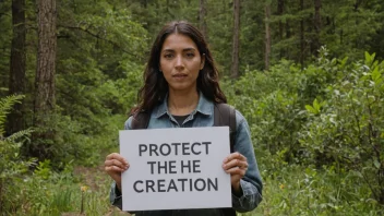 En person som står i et vakkert naturlandskap, holder et skilt som sier 'Beskyt skapelsen', med en bestemt uttrykk i ansiktet.