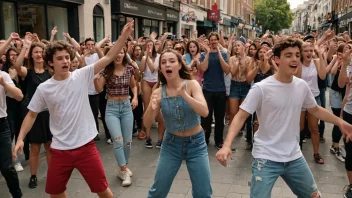 En livlig gatemusikk- og danskonkurranse med unge mennesker som konkurrerer på en gate scene.