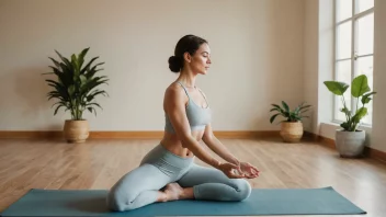 Et fredelig yogastudio med en kvinne i en yogastilling, omgitt av beroligende farger og naturlige elementer.