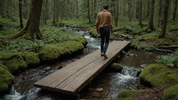 En person går forsiktig på en smal treplank over en liten bekk i en skog, med trær og løvverk i bakgrunnen.