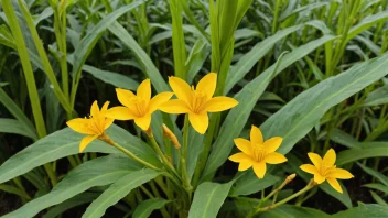 Et bilde av en gurkemeieplante, også kjent som Curcuma longa, med sine karakteristiske gule blomster og lange, tynne blader.