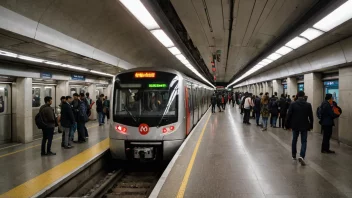 En travel metrostasjon med mennesker som går og tog som ankommer og avgår.